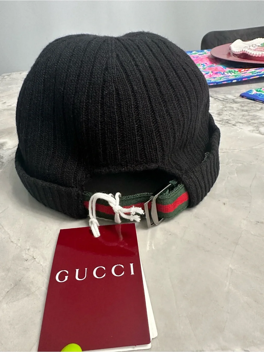 NWT Gucci Black Ribbed Knit Cap with Green-Red Web Tab